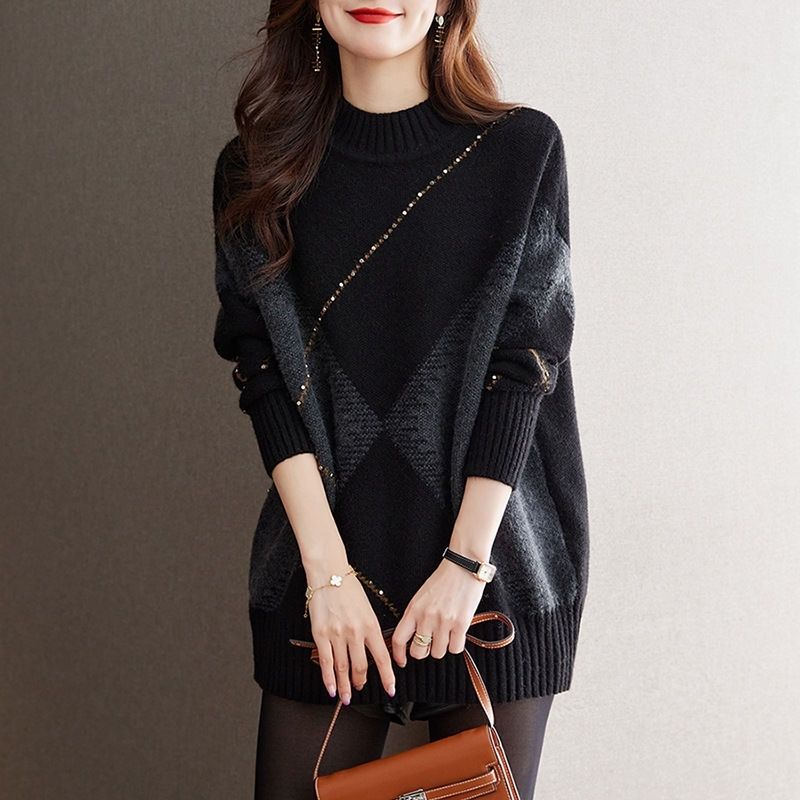 時尚半高領中長針織毛衣