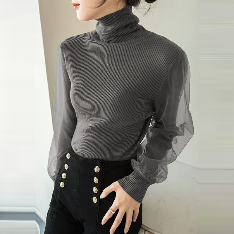 時尚高領蕾絲網紗長袖針織毛衣