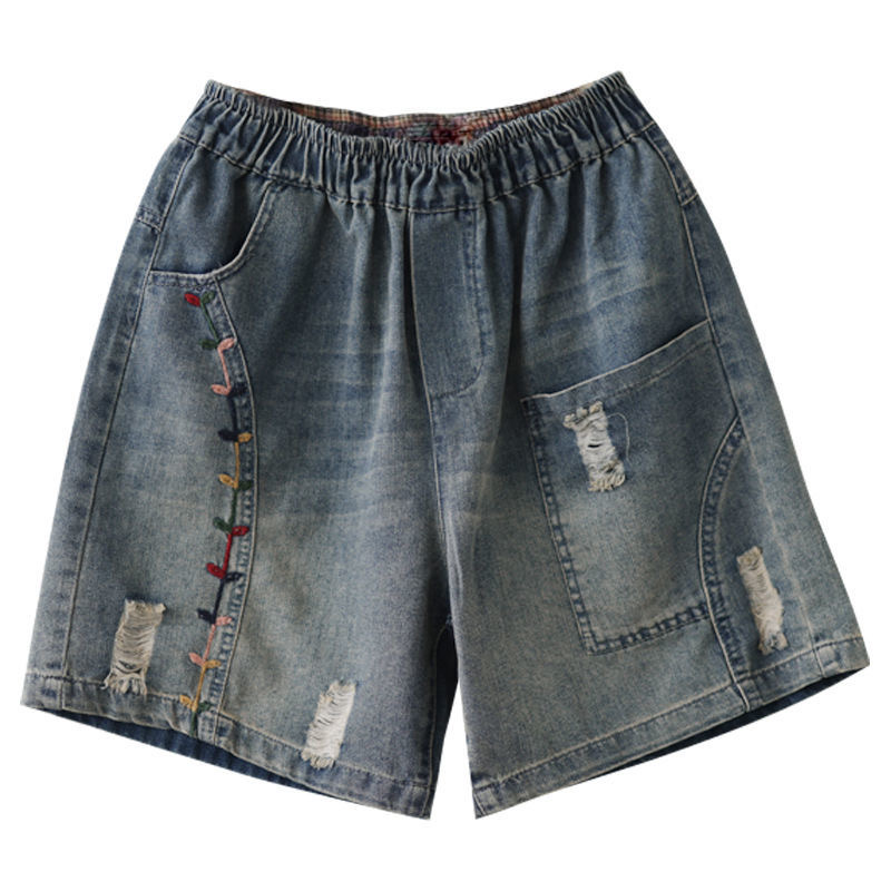 休閒寬鬆破洞刺繡拼接薄款闊腿牛仔短褲