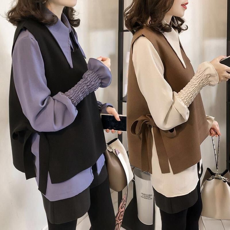 時尚休閒設計感馬甲+鬆緊袖口襯衫兩件套（3色）