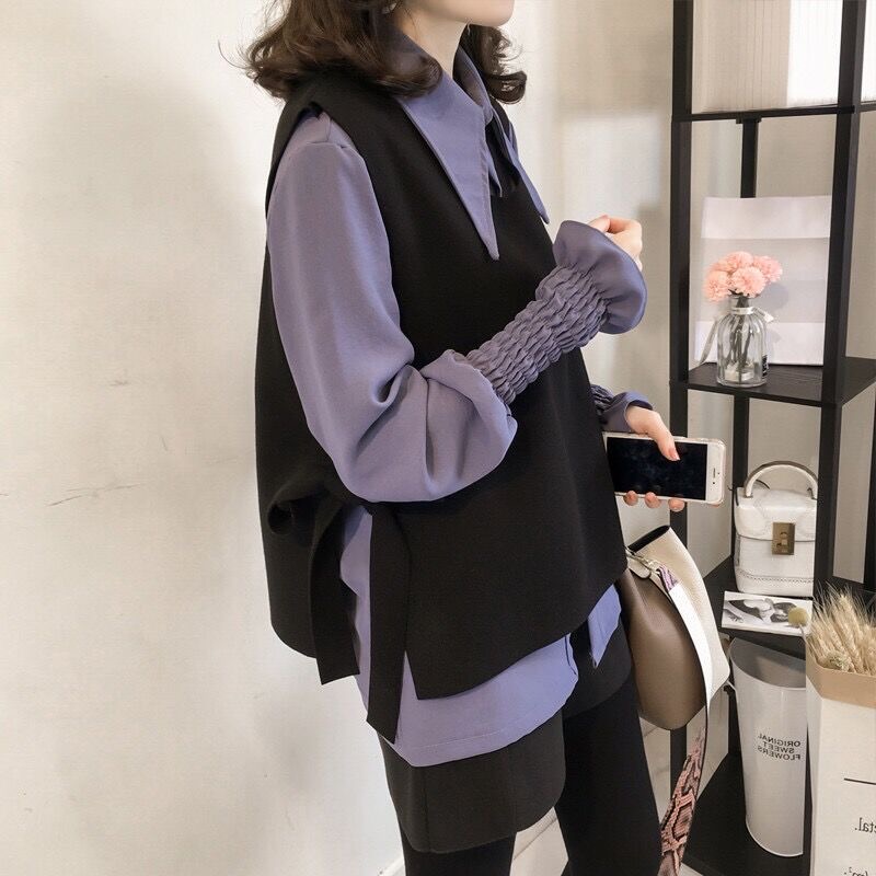 時尚休閒設計感馬甲+鬆緊袖口襯衫兩件套（3色）