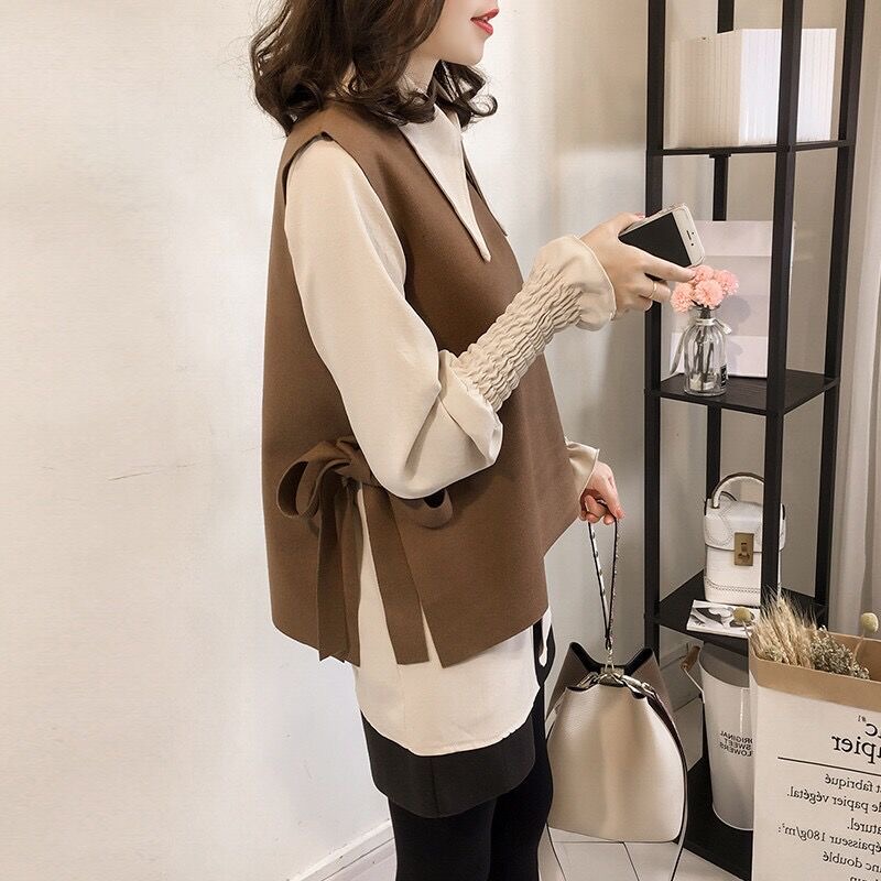 時尚休閒設計感馬甲+鬆緊袖口襯衫兩件套（3色）