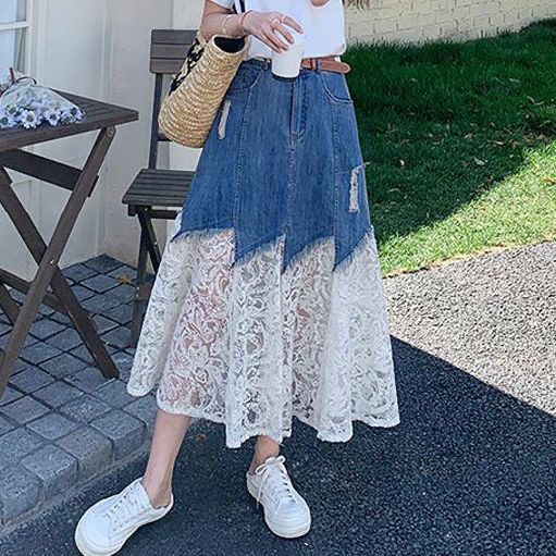 【單件/套裝】氣質流行短袖T恤/蕾絲拼接牛仔半身裙/兩件套裝