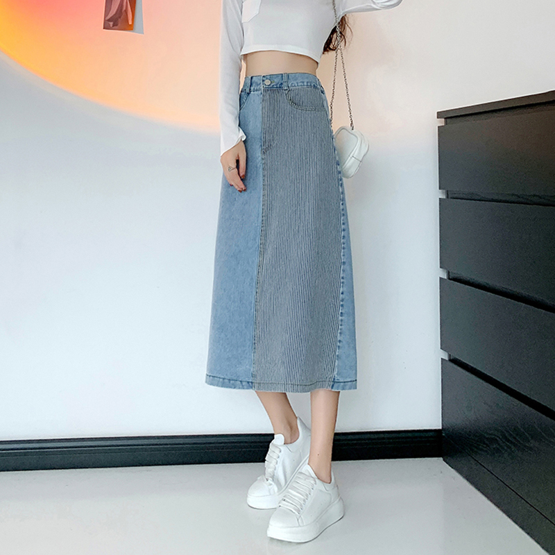 百搭拼色高腰後開叉A字牛仔裙