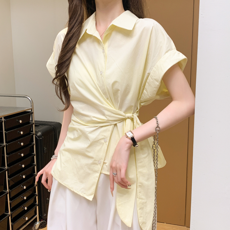 韓國休閒翻領繫帶排扣襯衫(3色)