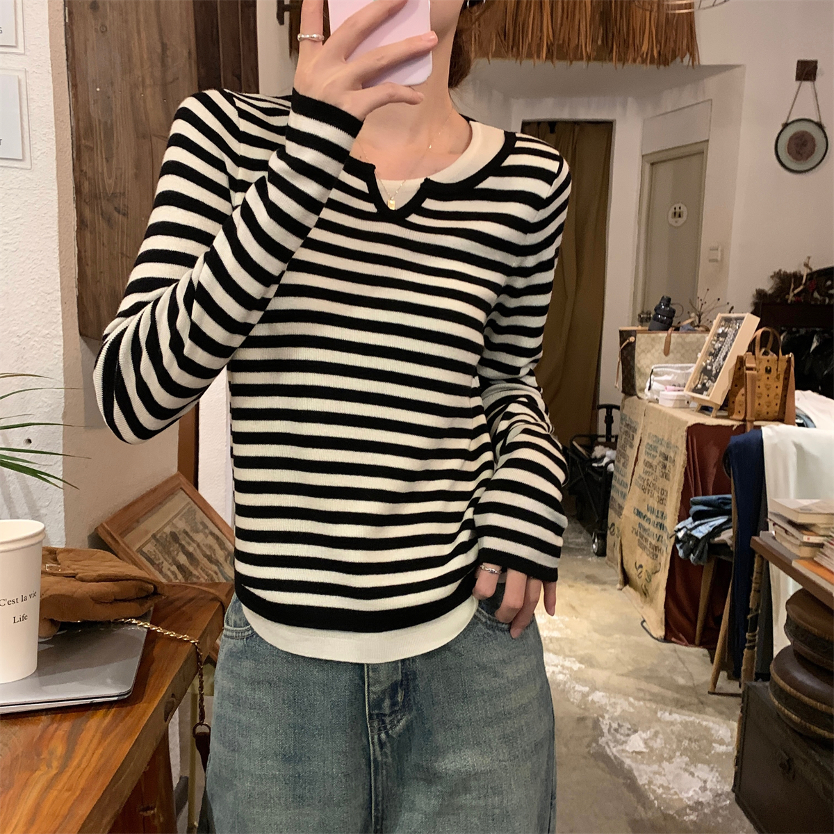 韓版撞色假兩件設計針織打底衫(3色)