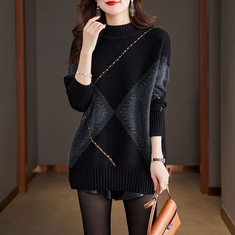 時尚半高領中長針織毛衣