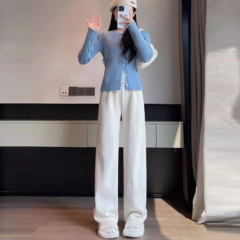 休閒高腰麥穗紋理直筒垂感闊腿褲(5色)