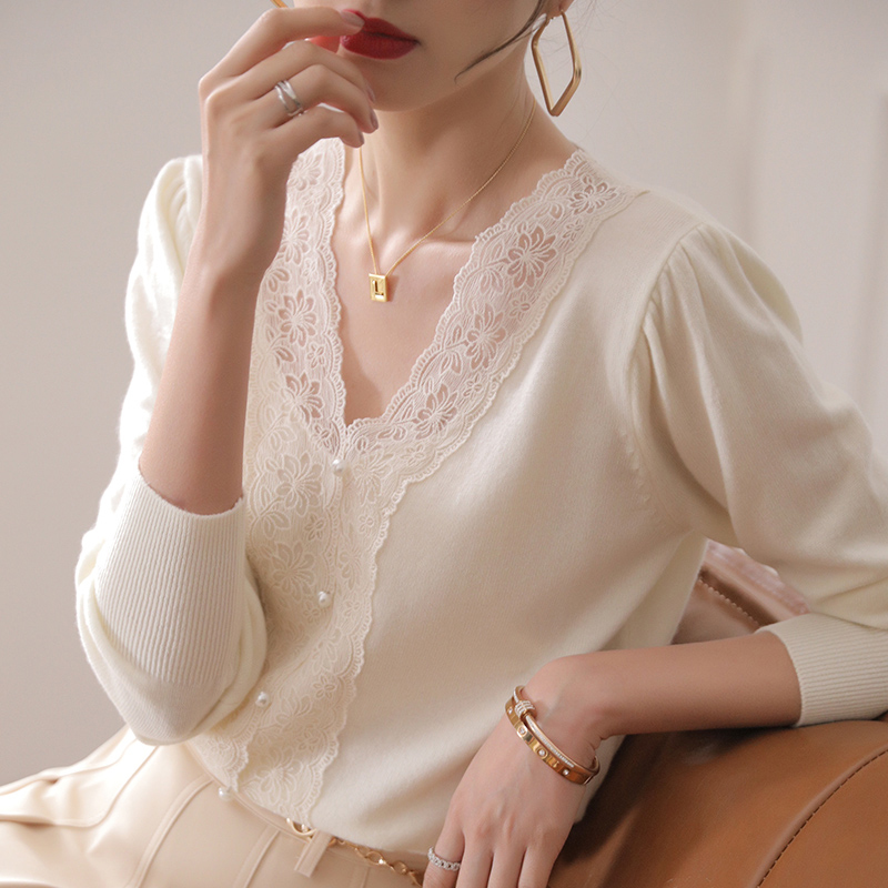 高級感蕾絲拼接設計V領針織衫(2色)