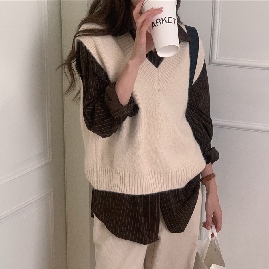 韓版百搭條紋長袖襯衫 +V領馬甲套裝