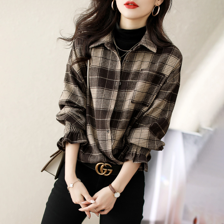 韓版寬鬆顯瘦格紋襯衫(2色)