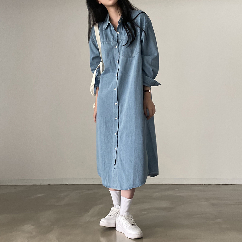 韓版復古翻領單排扣腰帶長袖A字牛仔連身裙(2色)