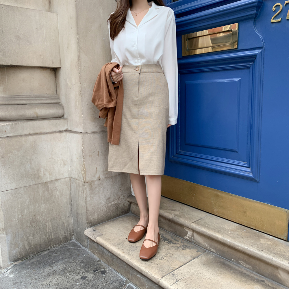 韓國百搭純色長袖襯衫+格紋半身裙套裝