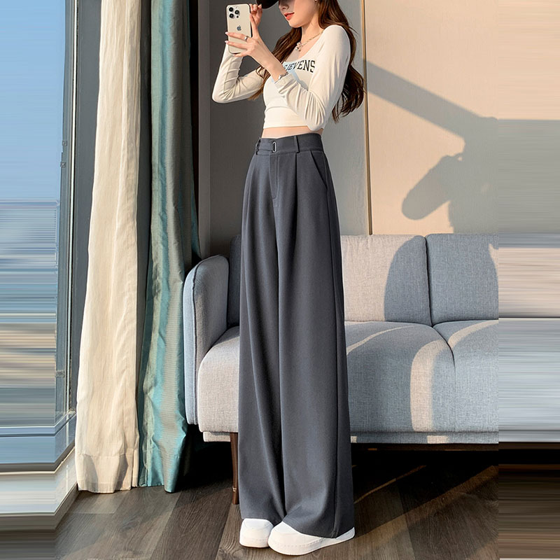 時尚寬鬆高腰直筒垂感拖地西裝褲