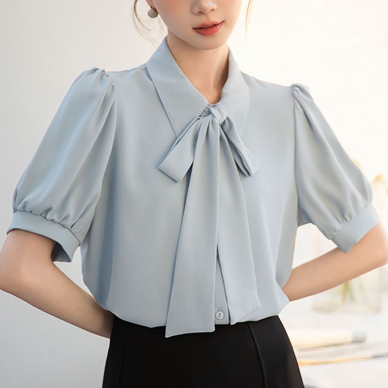 優雅蝴蝶結泡泡短袖襯衫(2色)
