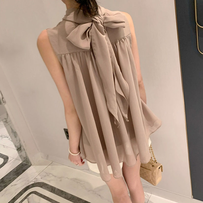 韓系優雅掛脖蝴蝶結無袖背心式襯衫(4色)