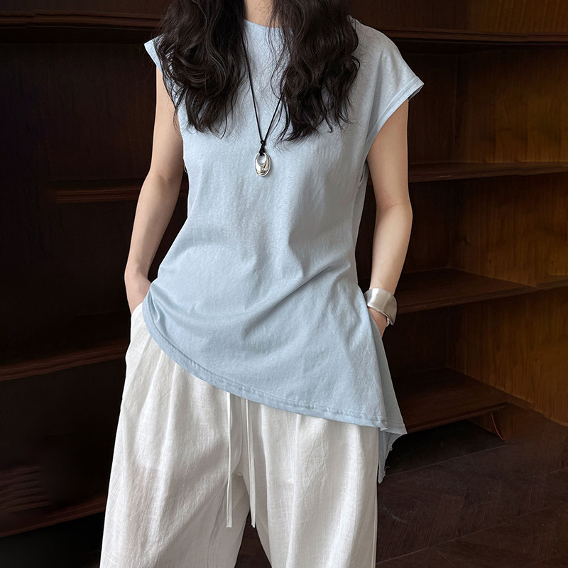 簡約修身繫帶不規則下擺短袖T恤