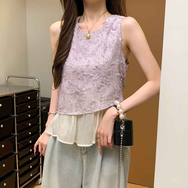 假兩件拼接鏤空設計坎肩無袖襯衫(3色)