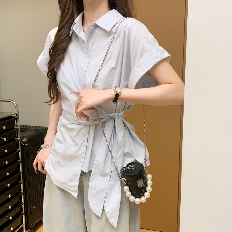 韓國休閒翻領繫帶排扣襯衫(3色)