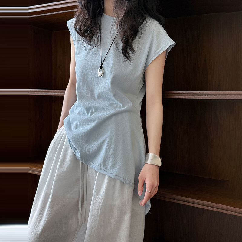 簡約修身繫帶不規則下擺短袖T恤