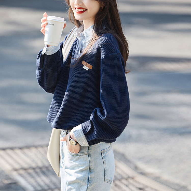 翻領條紋拼接假兩款短款衛衣(3色)