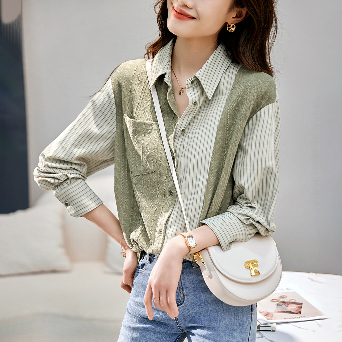 全新時尚針織條紋拼接襯衫