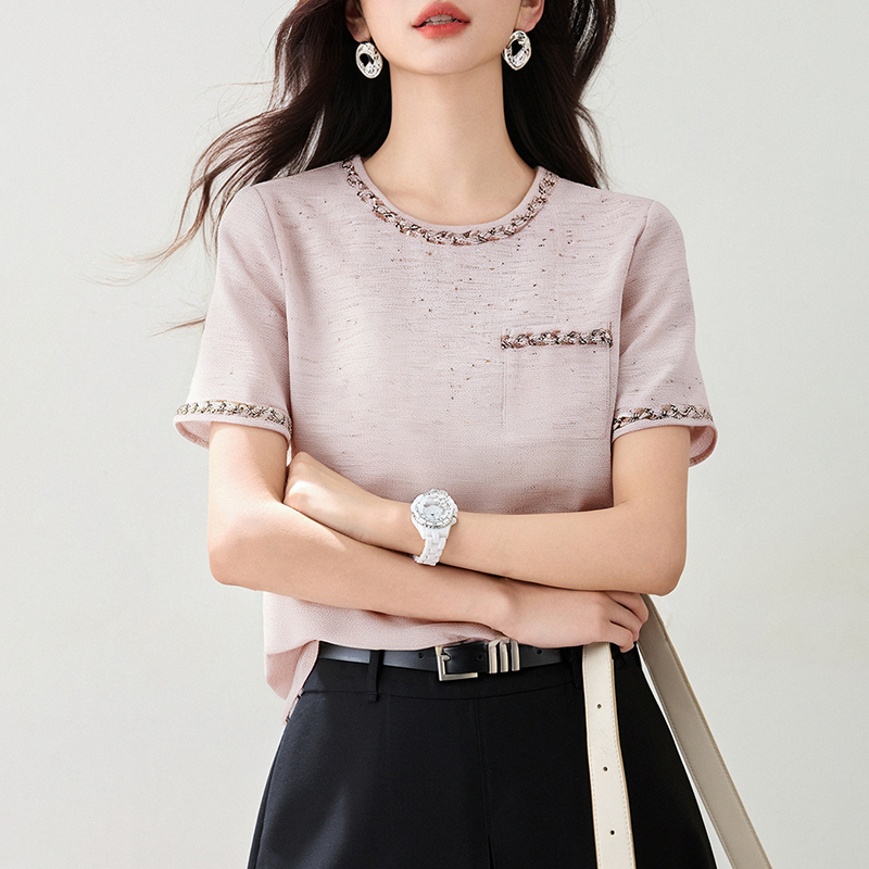 紫粉色立體花朵短款T恤