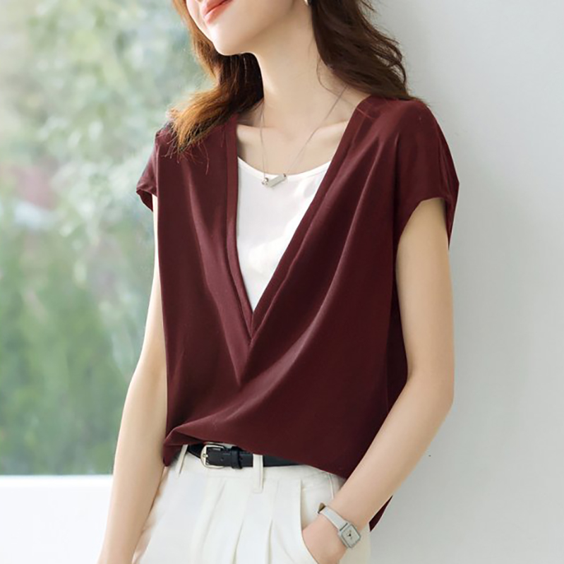 假兩件簡約V領T恤(2色)