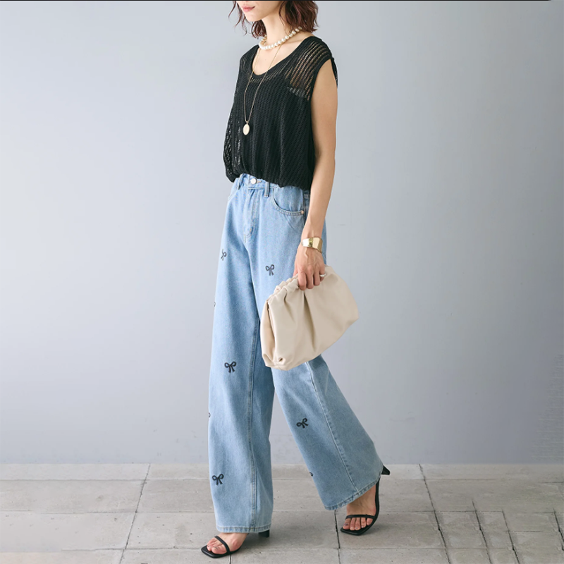 假兩件鏤空女上衣／時尚刺繡水洗褲子