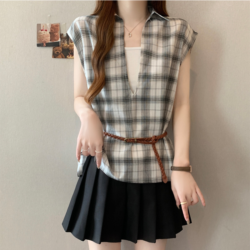 韓系復古藍白格子無袖小衫(2色)