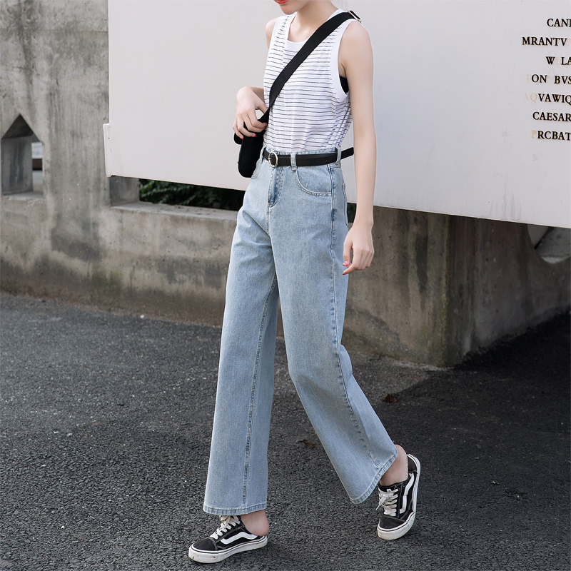 簡約高腰寬鬆直筒牛仔闊腿褲