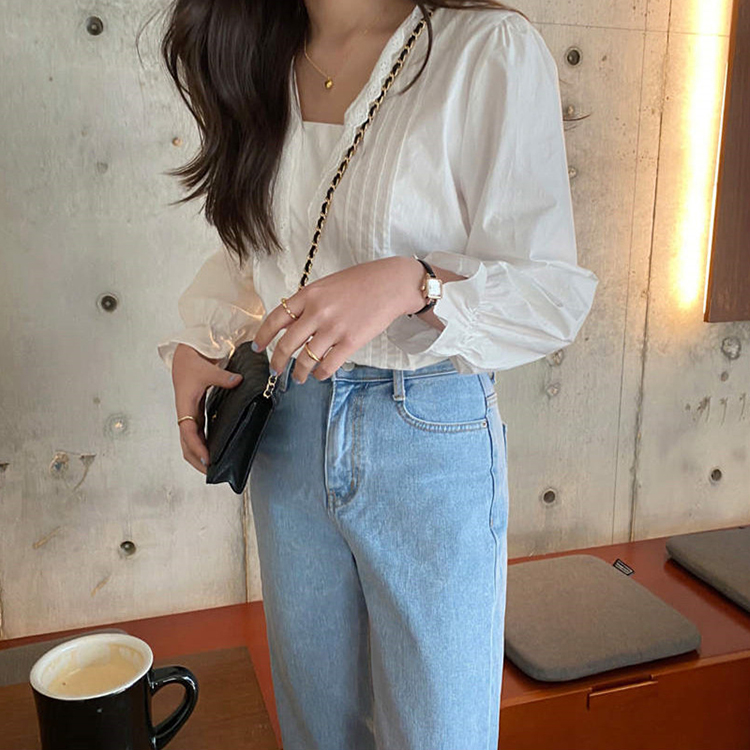 韓式蕾絲拼接純色長袖襯衫