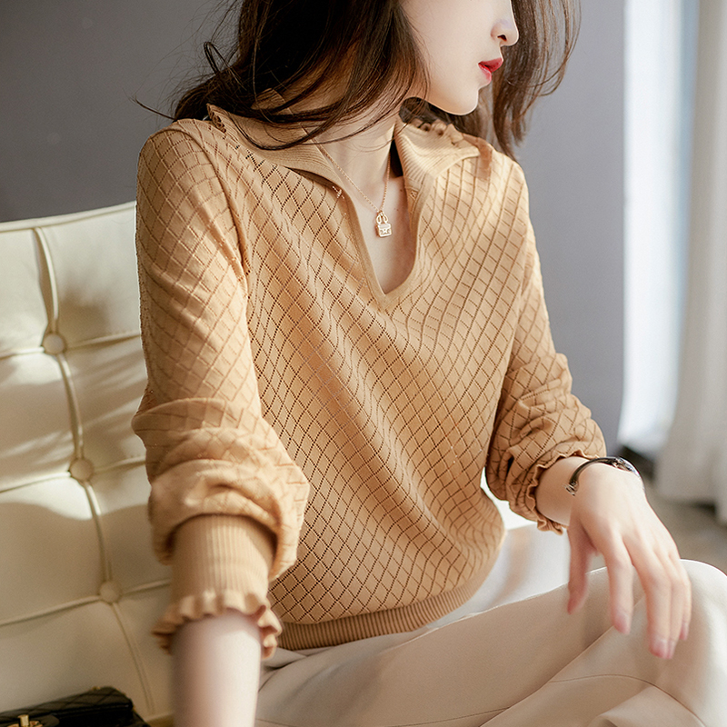 法式鏤空冰絲V領針織衫(3色)