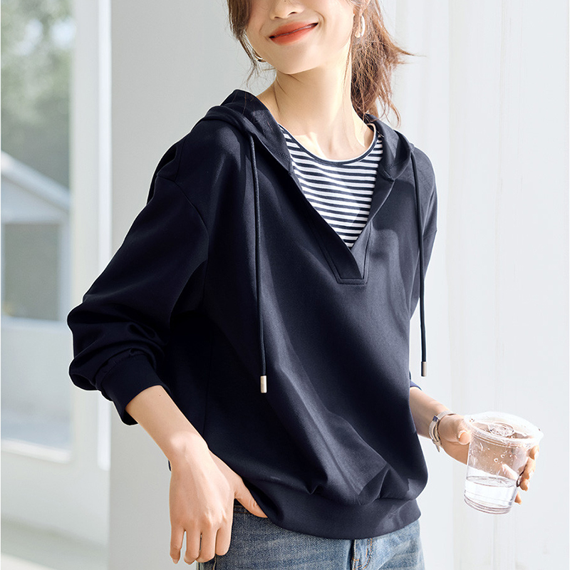 撞色條紋拼接假兩件連帽衛衣(2色)