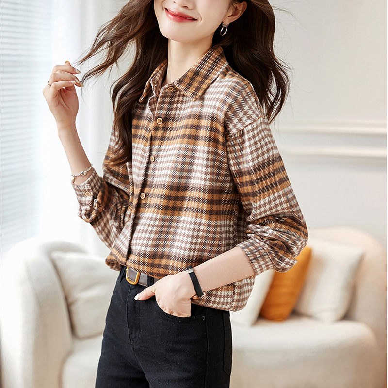 復古磨毛撞色格紋寬鬆翻領襯衫(2色)