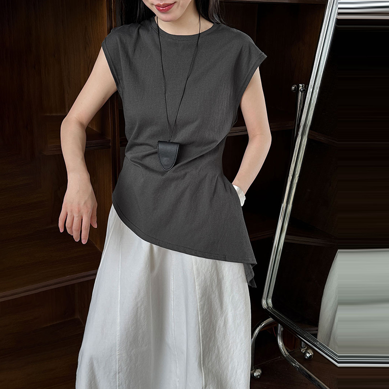 簡約修身繫帶不規則下擺短袖T恤