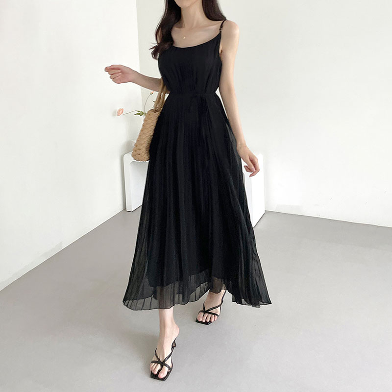 韓系百褶寬鬆繫帶吊帶連身裙(3色)