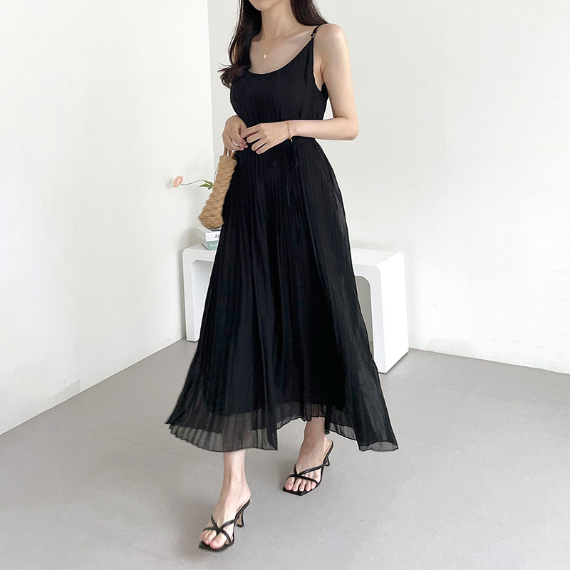 韓系百褶寬鬆繫帶吊帶連身裙(3色)