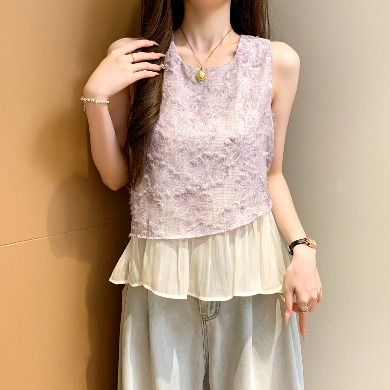 假兩件拼接鏤空設計坎肩無袖襯衫(3色)