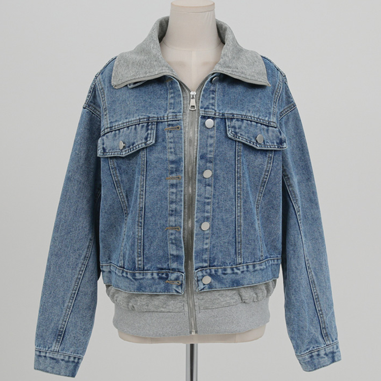 韓國翻領拼色假兩件拉鍊牛仔外套(2色)