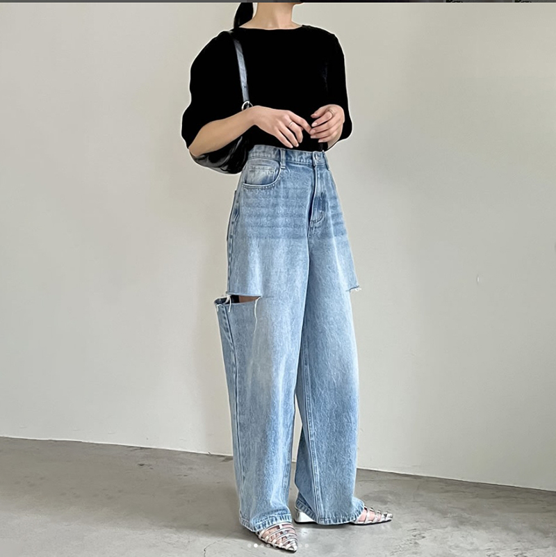 四季休閒破洞長版闊腿牛仔褲