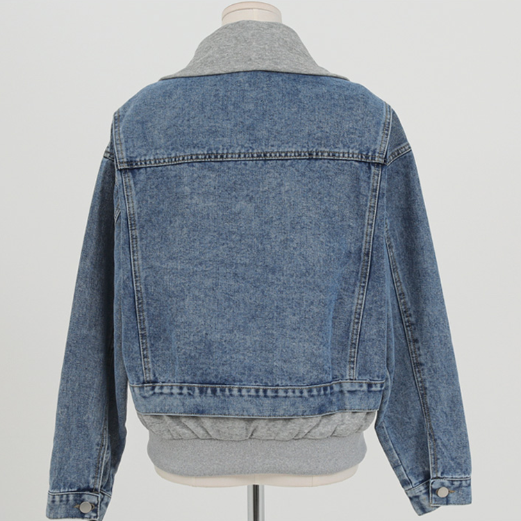 韓國翻領拼色假兩件拉鍊牛仔外套(2色)