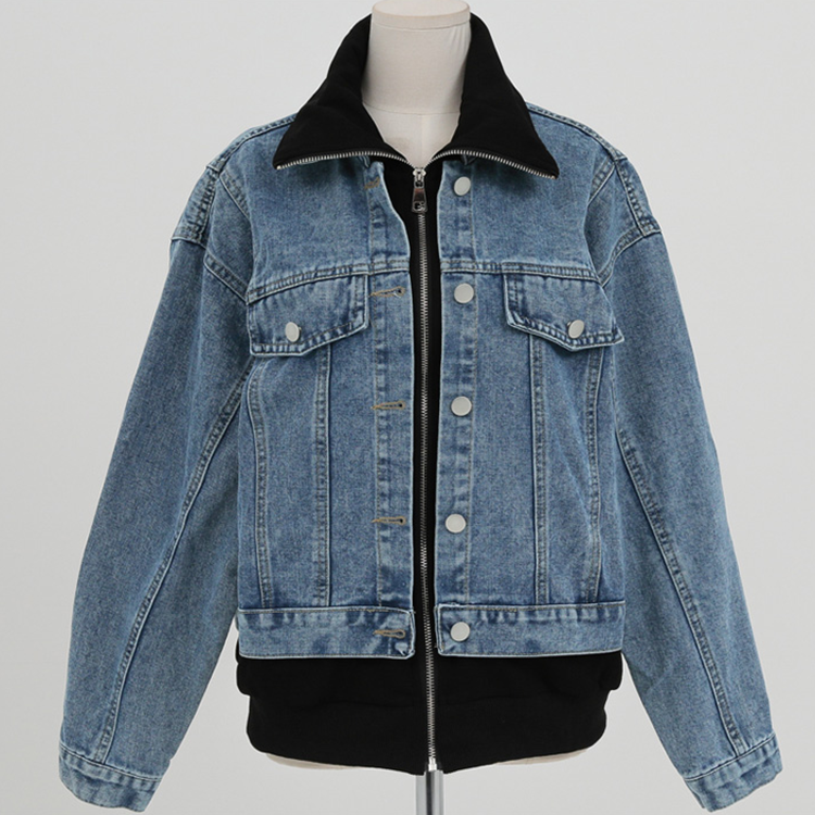 韓國翻領拼色假兩件拉鍊牛仔外套(2色)