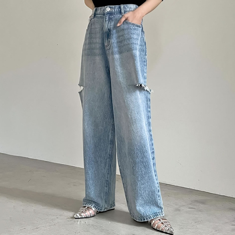 四季休閒破洞長版闊腿牛仔褲