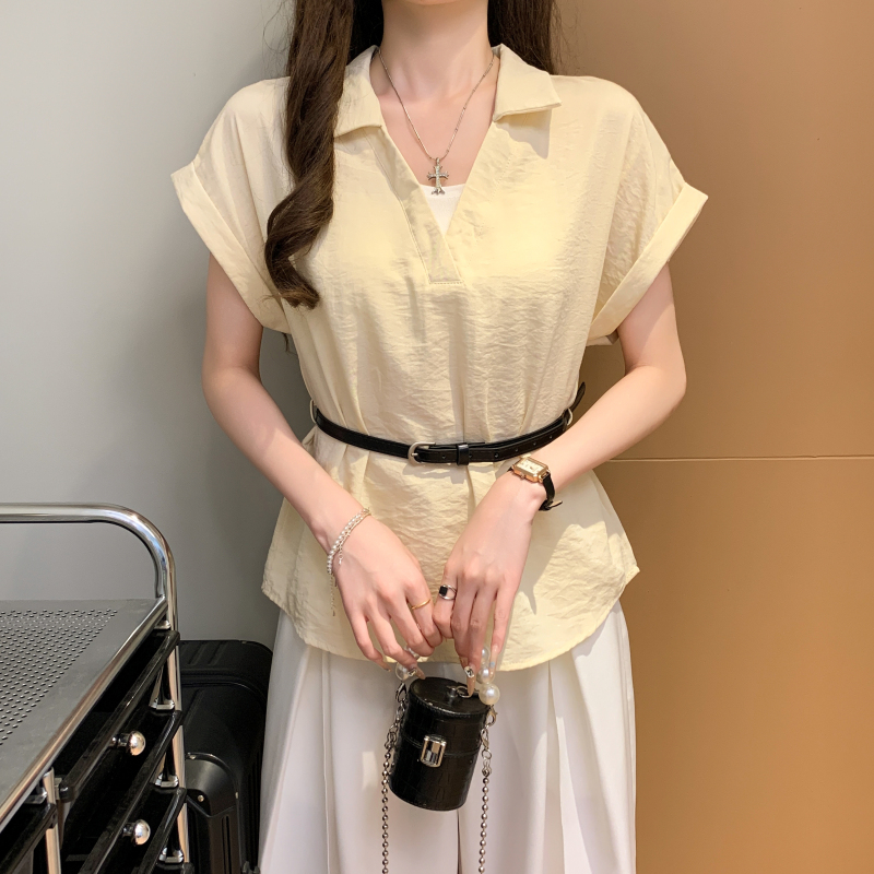 【送腰帶】翻領拼接假兩件收腰短袖襯衫