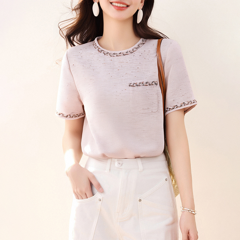 紫粉色立體花朵短款T恤