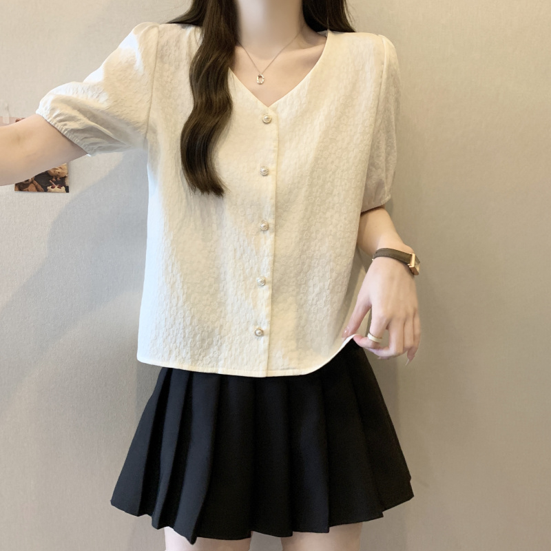 肌理感百搭純色顯瘦短袖襯衫(2色)