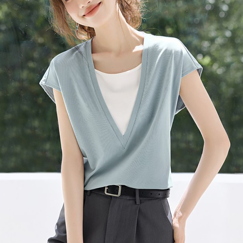 假兩件簡約V領T恤(2色)