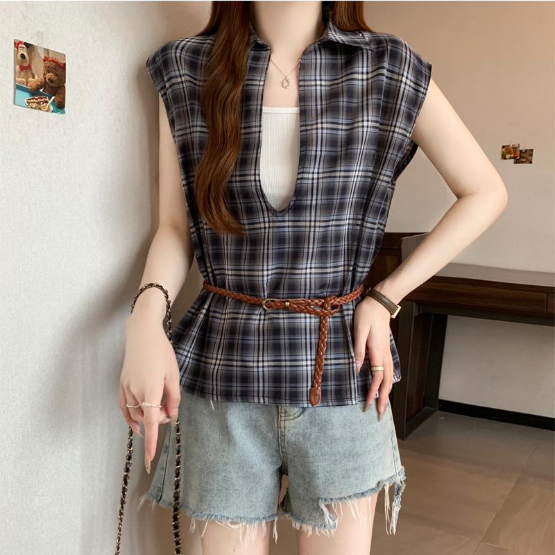 韓系復古藍白格子無袖小衫(2色)