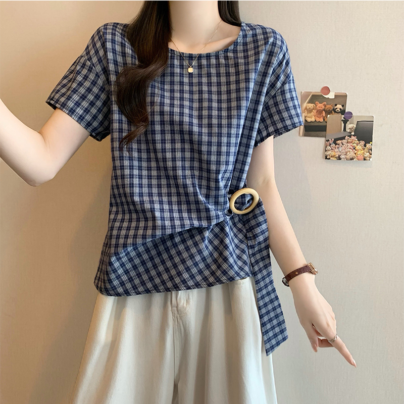 復古褶皺設計感格紋T恤(2色)